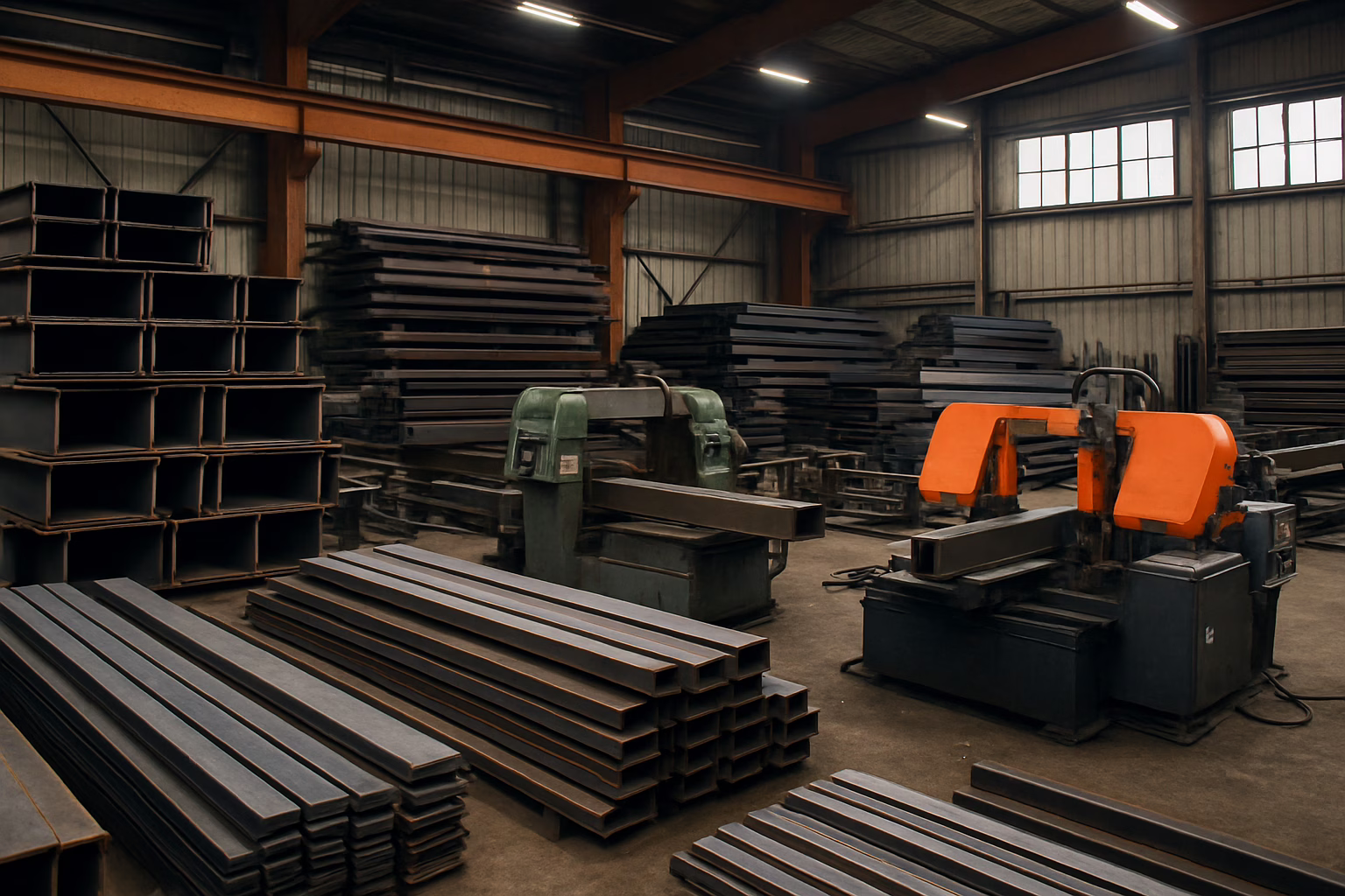 Wnętrze hurtowni stali z widocznymi regałami pełnymi stalowych profili i blach, a także z profesjonalnymi maszynami do cięcia i obróbki metalu, takimi jak prasy, piły taśmowe oraz suwnice do transportu ciężkich elementów.