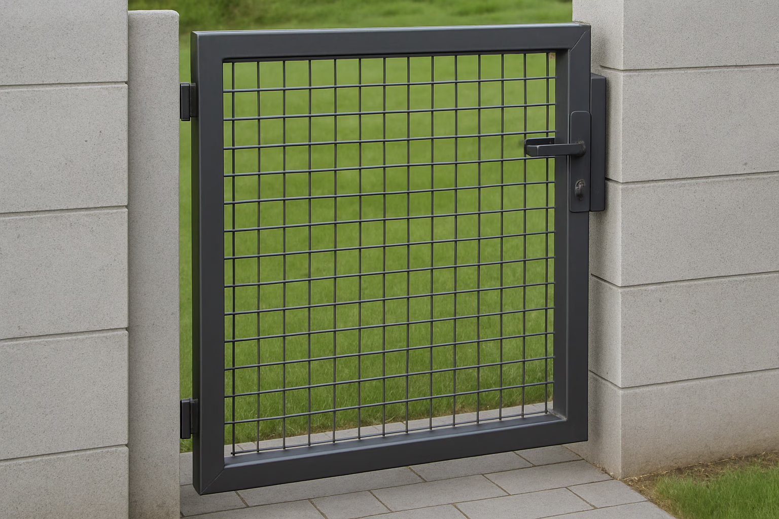 Dwuteownik stalowy zamknięty użyty jako element konstrukcyjny furtki, pokazujący solidność i trwałość stalowej ramy w ogrodzeniu.