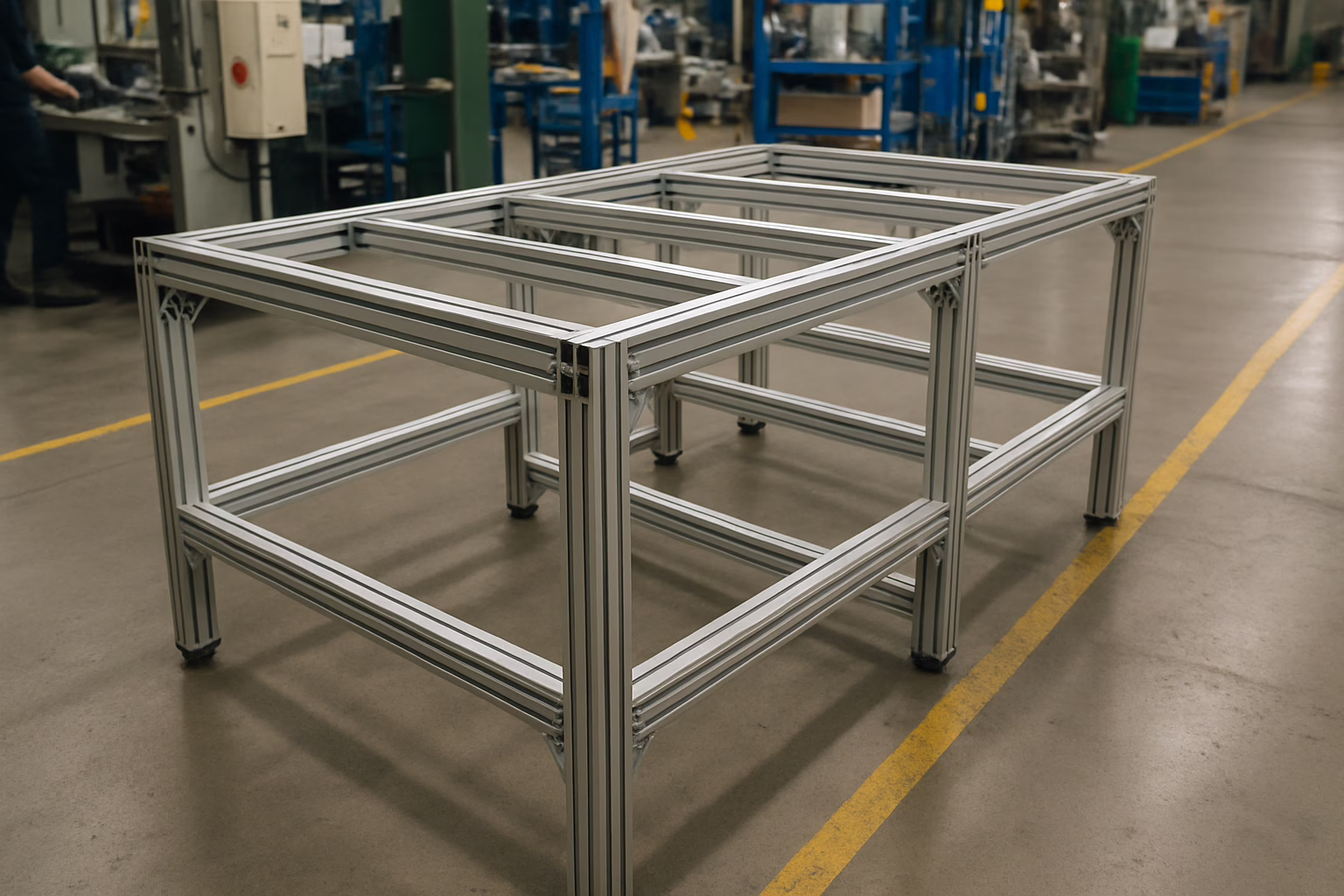 Profile aluminiowe konstrukcyjne wykorzystywane podczas montażu stanowiska roboczego na hali produkcyjnej. Nowoczesne rozwiązania przemysłowe, precyzyjna budowa i trwałość elementów aluminiowych w zastosowaniach produkcyjnych.