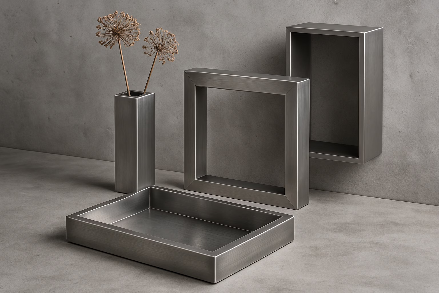 Profile nierdzewne prostokątne zastosowane jako elementy dekoracyjne i wykończeniowe we wnętrzu w stylu industrialnym, podkreślające nowoczesny charakter aranżacji oraz trwałość i estetykę wykończeń.