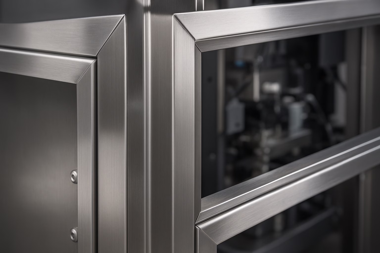 Profile nierdzewne zastosowane w konstrukcji obudowy maszyny przemysłowej, trwałe elementy ze stali nierdzewnej zapewniające wytrzymałość, odporność na korozję i nowoczesny wygląd urządzenia technicznego.